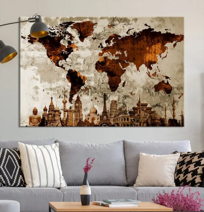 The living room showcases a triptych wall art on museum-quality canvas depicting the Wonders of the World.