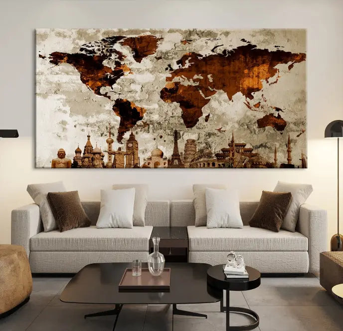 The living room showcases a triptych wall art on museum-quality canvas depicting the Wonders of the World.