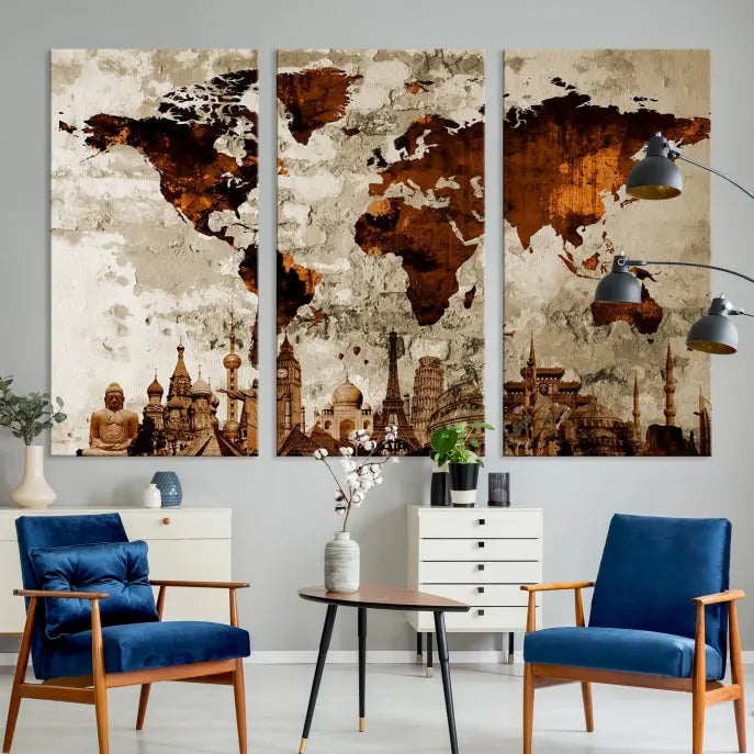 The living room showcases a triptych wall art on museum-quality canvas depicting the Wonders of the World.