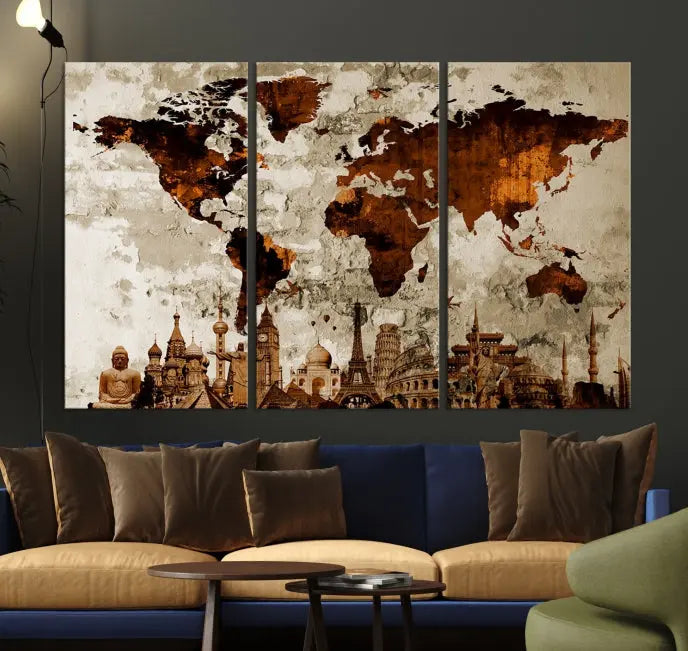 The living room showcases a triptych wall art on museum-quality canvas depicting the Wonders of the World.