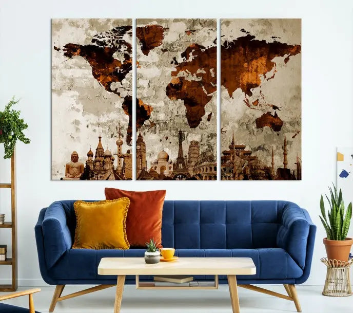 The living room showcases a triptych wall art on museum-quality canvas depicting the Wonders of the World.