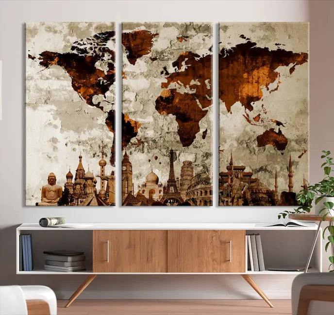 The living room showcases a triptych wall art on museum-quality canvas depicting the Wonders of the World.