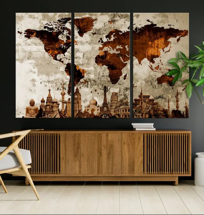 The living room showcases a triptych wall art on museum-quality canvas depicting the Wonders of the World.