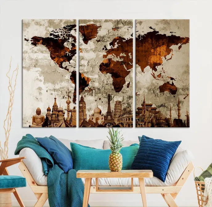 The living room showcases a triptych wall art on museum-quality canvas depicting the Wonders of the World.