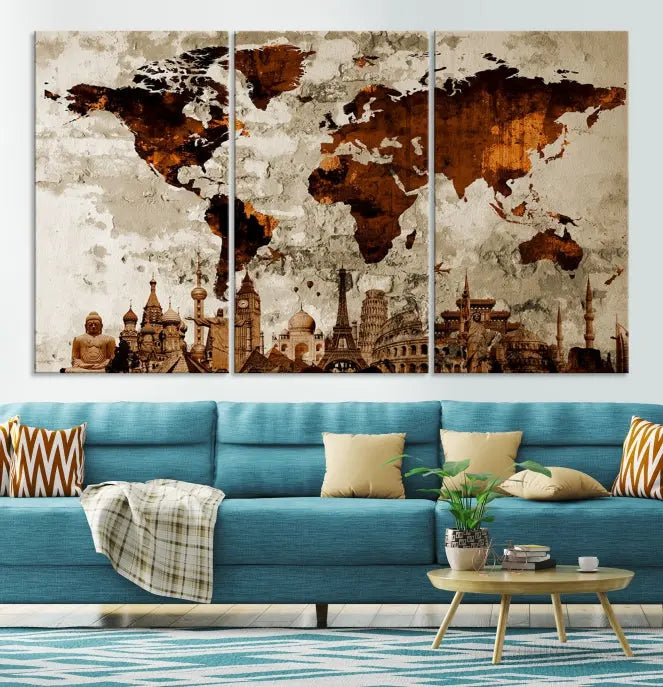 The living room showcases a triptych wall art on museum-quality canvas depicting the Wonders of the World.