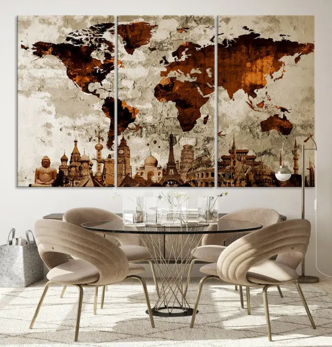 The living room showcases a triptych wall art on museum-quality canvas depicting the Wonders of the World.