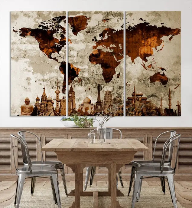 The living room showcases a triptych wall art on museum-quality canvas depicting the Wonders of the World.