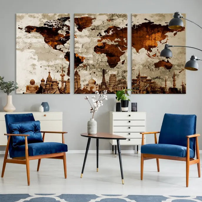 The living room showcases a triptych wall art on museum-quality canvas depicting the Wonders of the World.