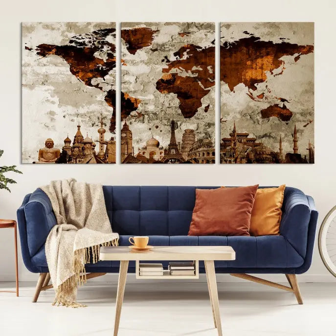 The living room showcases a triptych wall art on museum-quality canvas depicting the Wonders of the World.