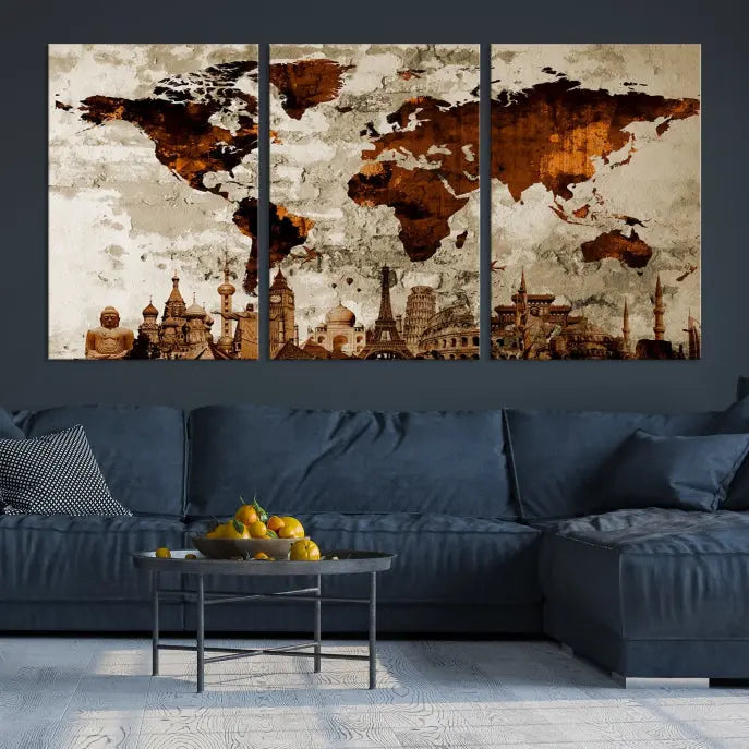 The living room showcases a triptych wall art on museum-quality canvas depicting the Wonders of the World.