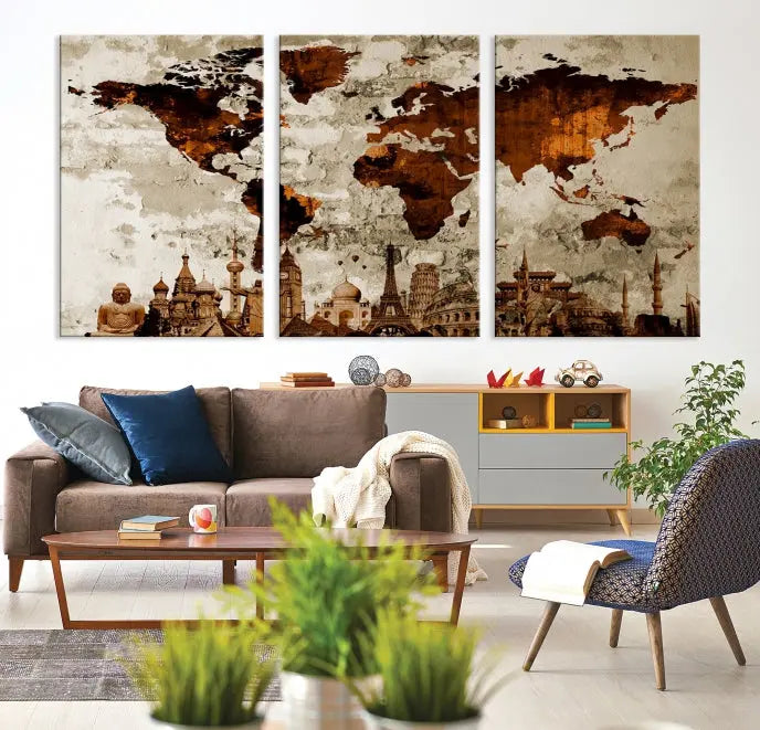 The living room showcases a triptych wall art on museum-quality canvas depicting the Wonders of the World.