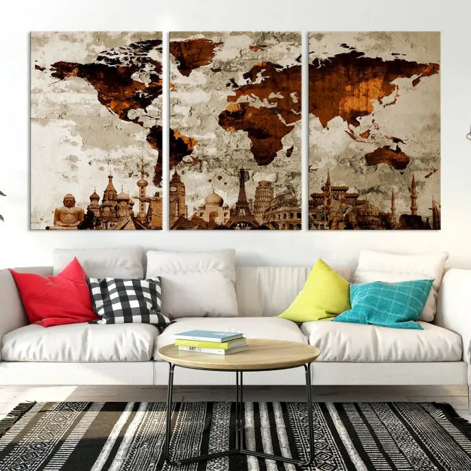 The living room showcases a triptych wall art on museum-quality canvas depicting the Wonders of the World.