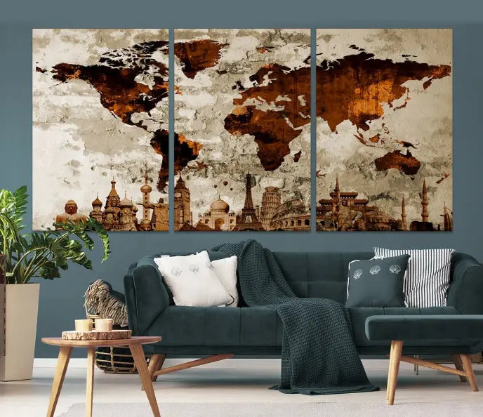 The living room showcases a triptych wall art on museum-quality canvas depicting the Wonders of the World.