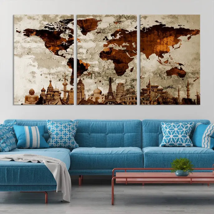 The living room showcases a triptych wall art on museum-quality canvas depicting the Wonders of the World.