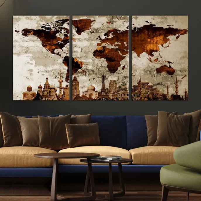 The living room showcases a triptych wall art on museum-quality canvas depicting the Wonders of the World.