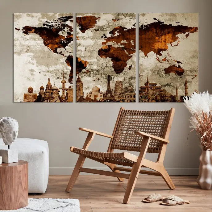 The living room showcases a triptych wall art on museum-quality canvas depicting the Wonders of the World.