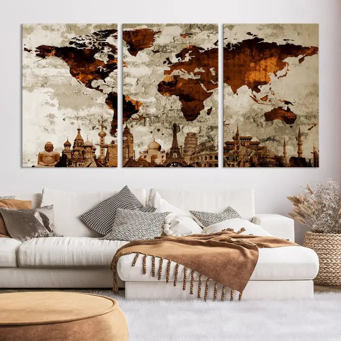 The living room showcases a triptych wall art on museum-quality canvas depicting the Wonders of the World.