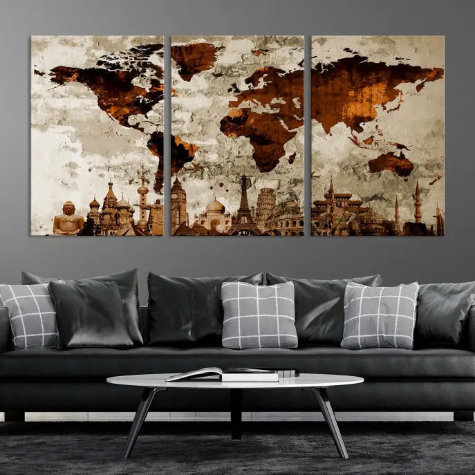 The living room showcases a triptych wall art on museum-quality canvas depicting the Wonders of the World.