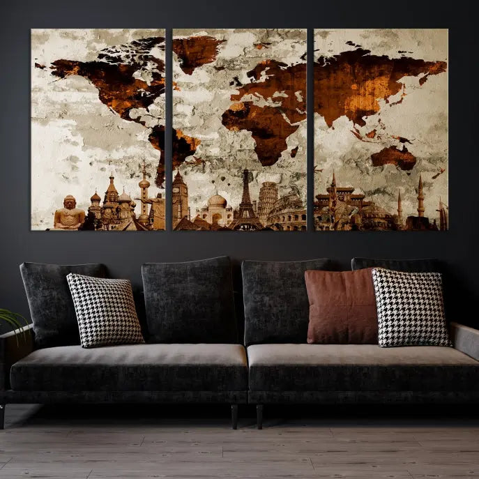 The living room showcases a triptych wall art on museum-quality canvas depicting the Wonders of the World.