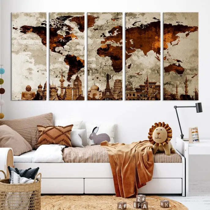 The living room showcases a triptych wall art on museum-quality canvas depicting the Wonders of the World.