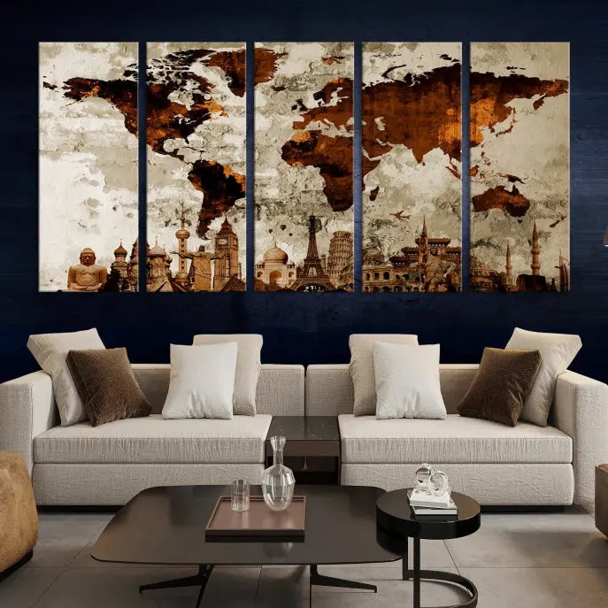 The living room showcases a triptych wall art on museum-quality canvas depicting the Wonders of the World.