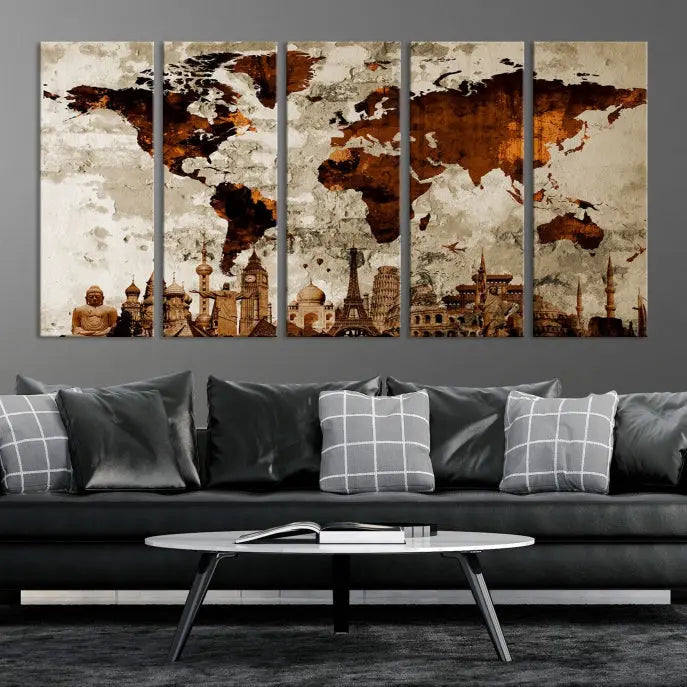 The living room showcases a triptych wall art on museum-quality canvas depicting the Wonders of the World.