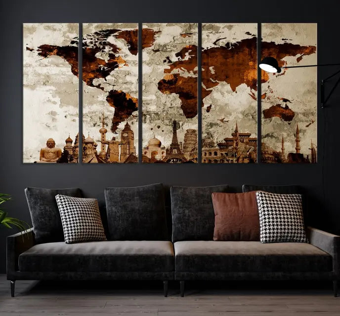 The living room showcases a triptych wall art on museum-quality canvas depicting the Wonders of the World.