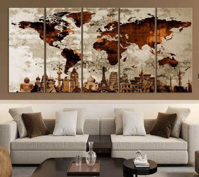 The living room showcases a triptych wall art on museum-quality canvas depicting the Wonders of the World.