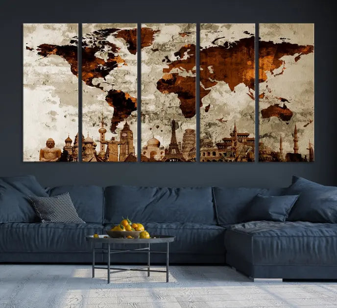 The living room showcases a triptych wall art on museum-quality canvas depicting the Wonders of the World.