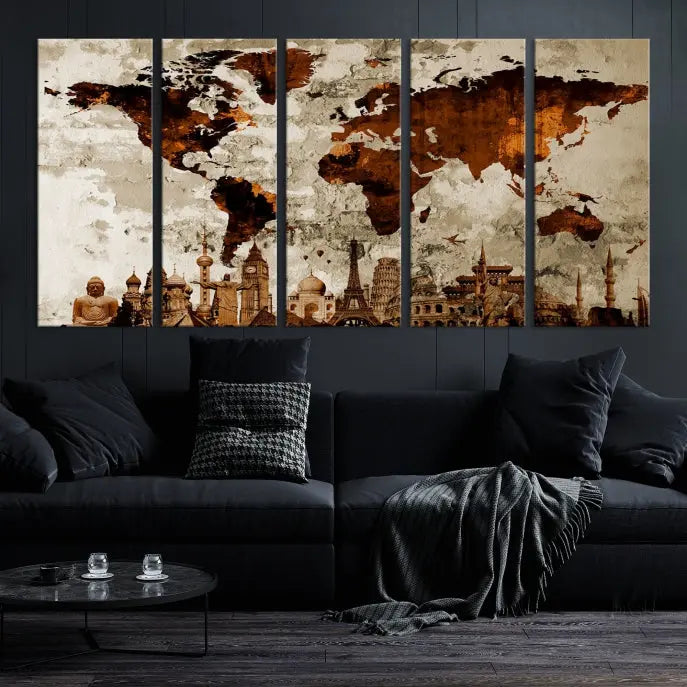 The living room showcases a triptych wall art on museum-quality canvas depicting the Wonders of the World.