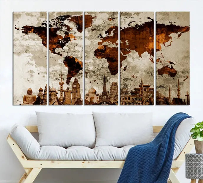 The living room showcases a triptych wall art on museum-quality canvas depicting the Wonders of the World.