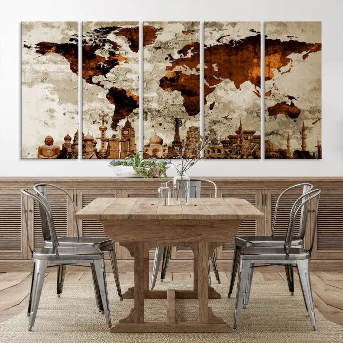 The living room showcases a triptych wall art on museum-quality canvas depicting the Wonders of the World.