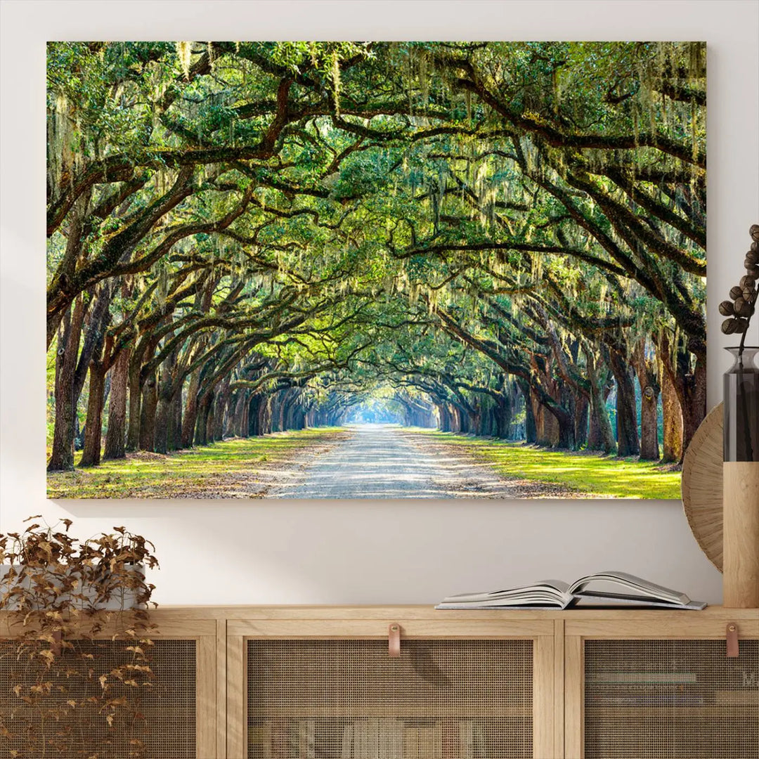 The "Wormsloe State Plantation Driveway Wall Art Canvas Print," crafted on museum-quality canvas with high-resolution printing, showcases a tree-lined path in a modern room.