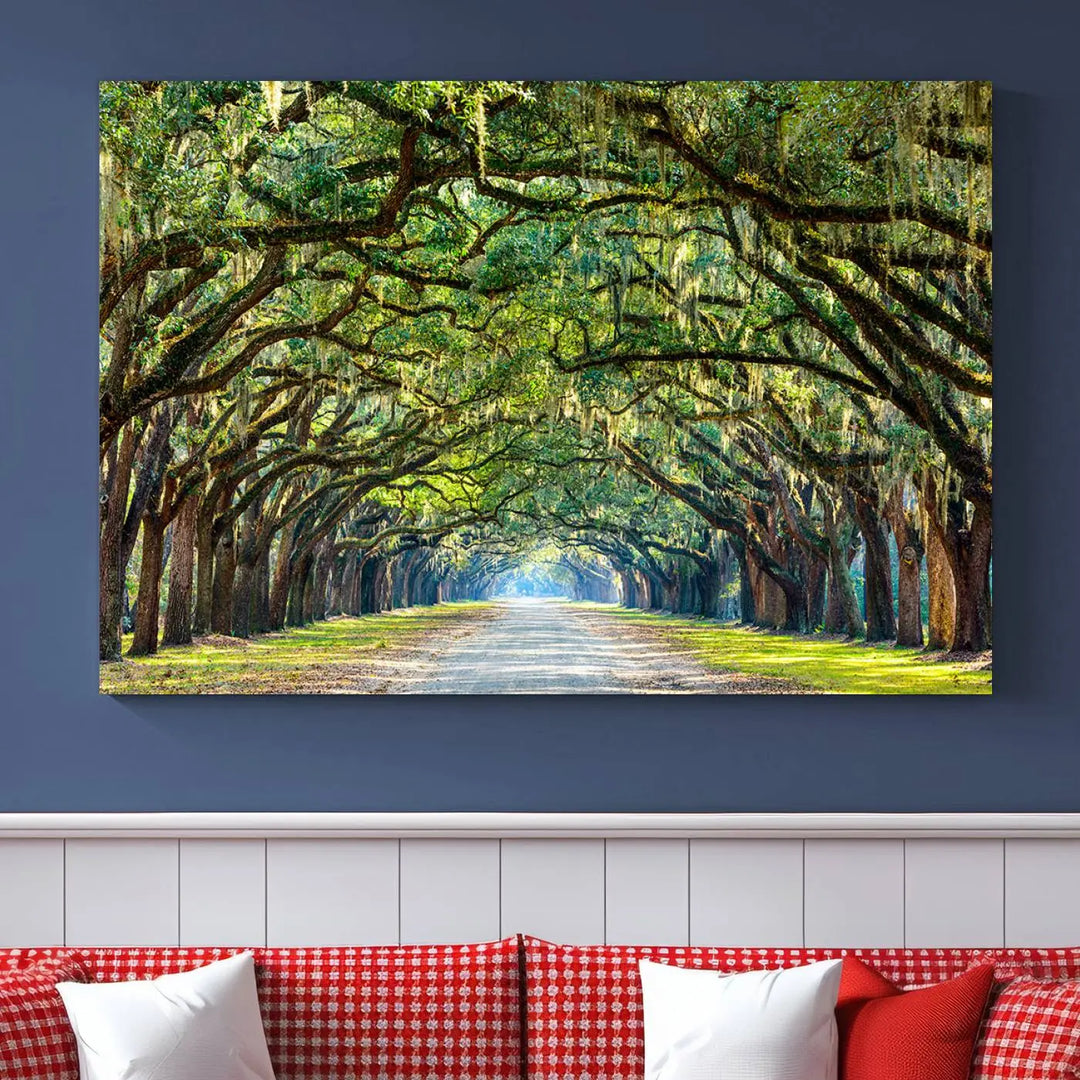 The "Wormsloe State Plantation Driveway Wall Art Canvas Print," crafted on museum-quality canvas with high-resolution printing, showcases a tree-lined path in a modern room.