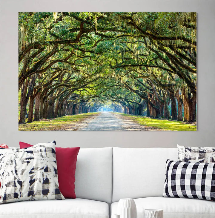 The "Wormsloe State Plantation Driveway Wall Art Canvas Print," crafted on museum-quality canvas with high-resolution printing, showcases a tree-lined path in a modern room.