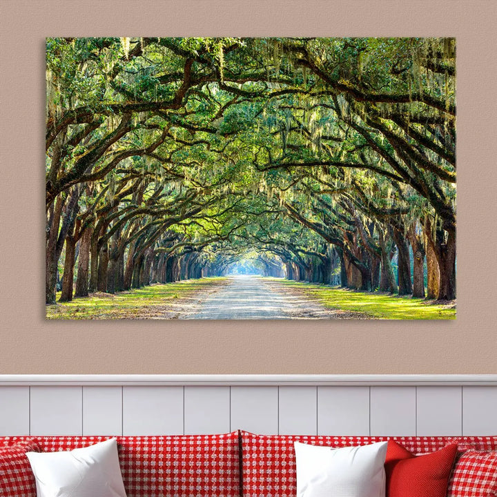 The "Wormsloe State Plantation Driveway Wall Art Canvas Print," crafted on museum-quality canvas with high-resolution printing, showcases a tree-lined path in a modern room.