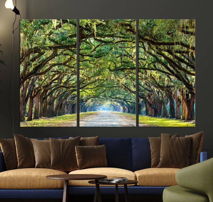 The "Wormsloe State Plantation Driveway Wall Art Canvas Print," crafted on museum-quality canvas with high-resolution printing, showcases a tree-lined path in a modern room.