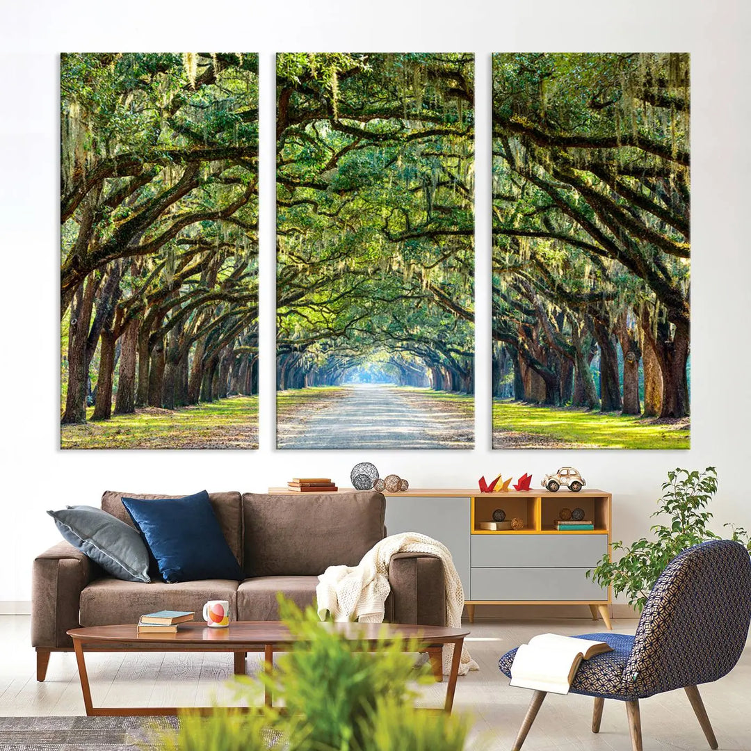 The "Wormsloe State Plantation Driveway Wall Art Canvas Print," crafted on museum-quality canvas with high-resolution printing, showcases a tree-lined path in a modern room.