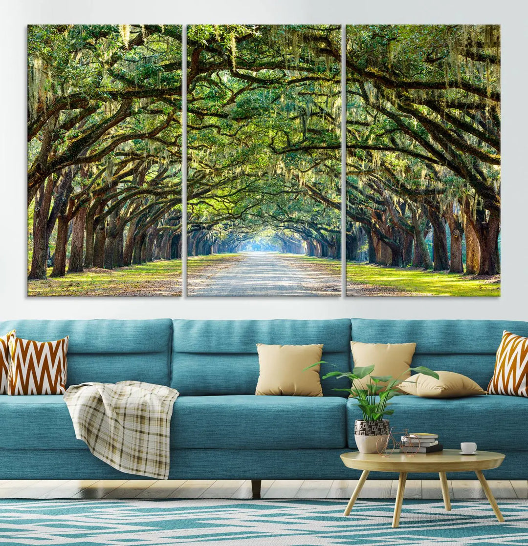 The "Wormsloe State Plantation Driveway Wall Art Canvas Print," crafted on museum-quality canvas with high-resolution printing, showcases a tree-lined path in a modern room.