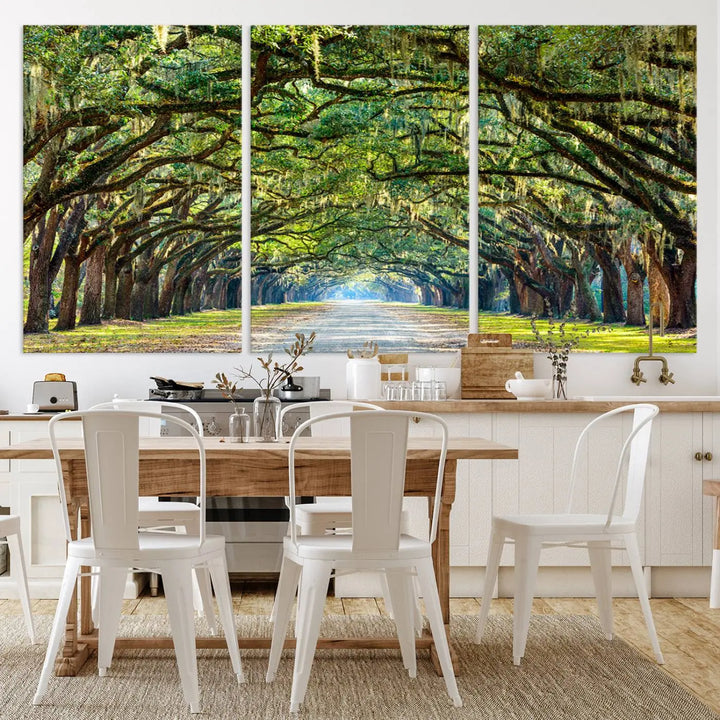 The "Wormsloe State Plantation Driveway Wall Art Canvas Print," crafted on museum-quality canvas with high-resolution printing, showcases a tree-lined path in a modern room.