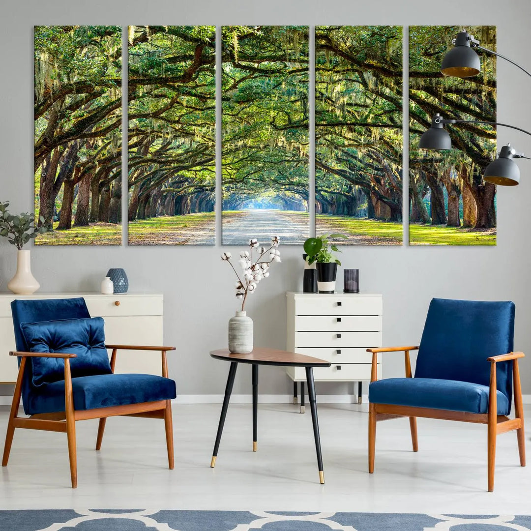 The "Wormsloe State Plantation Driveway Wall Art Canvas Print," crafted on museum-quality canvas with high-resolution printing, showcases a tree-lined path in a modern room.