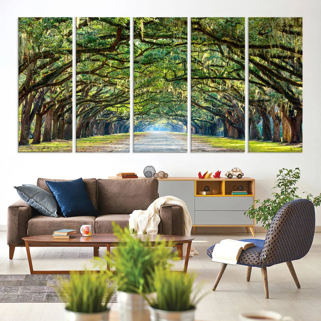 The "Wormsloe State Plantation Driveway Wall Art Canvas Print," crafted on museum-quality canvas with high-resolution printing, showcases a tree-lined path in a modern room.