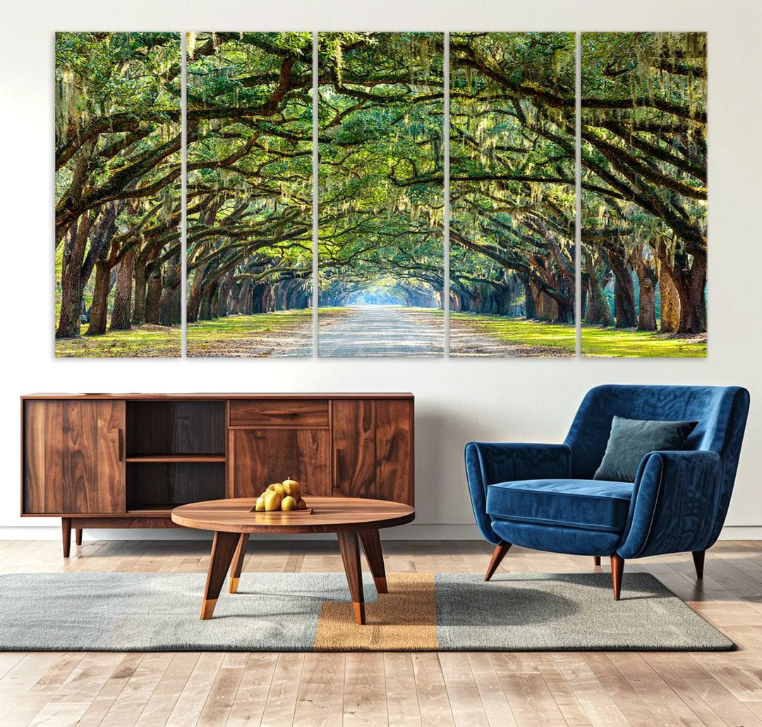 The "Wormsloe State Plantation Driveway Wall Art Canvas Print," crafted on museum-quality canvas with high-resolution printing, showcases a tree-lined path in a modern room.