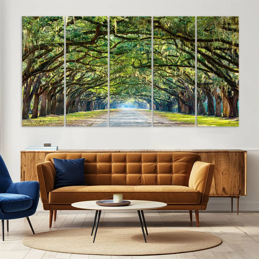 The "Wormsloe State Plantation Driveway Wall Art Canvas Print," crafted on museum-quality canvas with high-resolution printing, showcases a tree-lined path in a modern room.