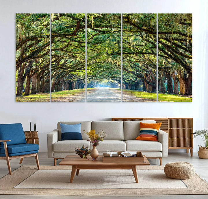 The "Wormsloe State Plantation Driveway Wall Art Canvas Print," crafted on museum-quality canvas with high-resolution printing, showcases a tree-lined path in a modern room.