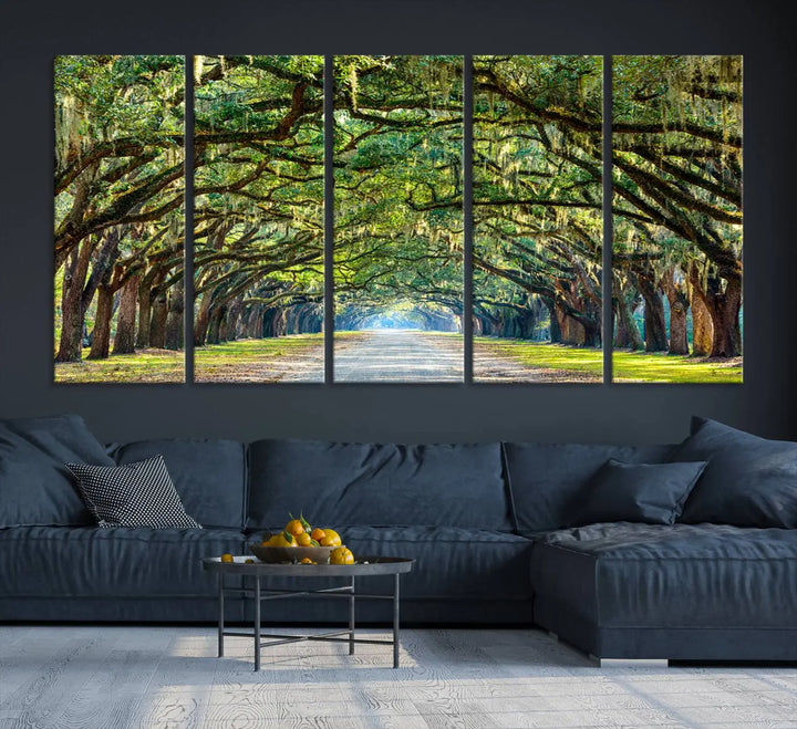 The "Wormsloe State Plantation Driveway Wall Art Canvas Print," crafted on museum-quality canvas with high-resolution printing, showcases a tree-lined path in a modern room.