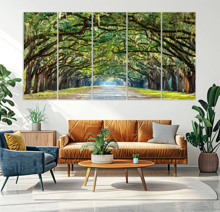 The "Wormsloe State Plantation Driveway Wall Art Canvas Print," crafted on museum-quality canvas with high-resolution printing, showcases a tree-lined path in a modern room.