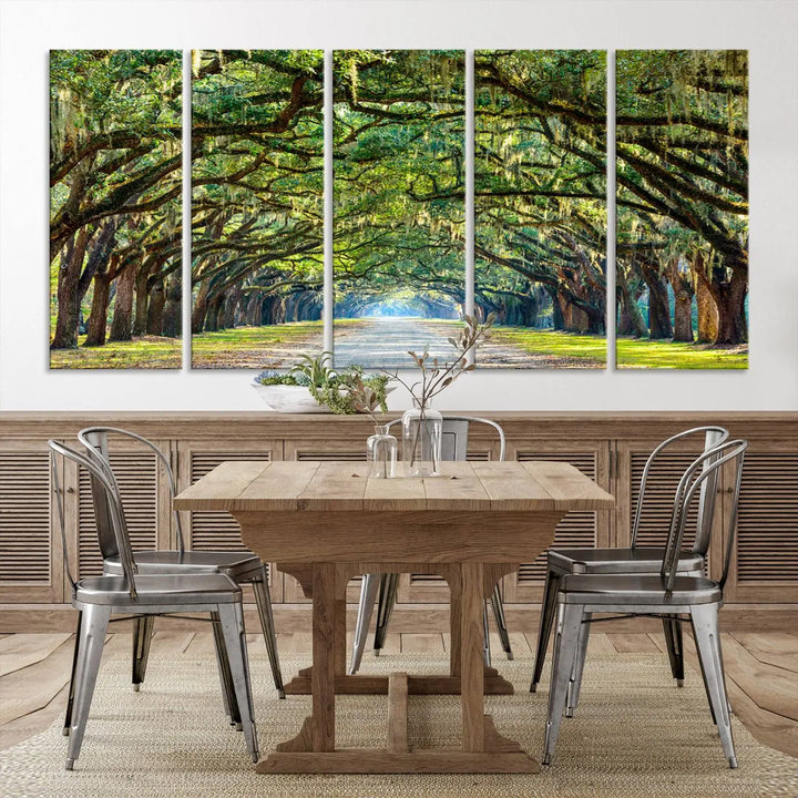 The "Wormsloe State Plantation Driveway Wall Art Canvas Print," crafted on museum-quality canvas with high-resolution printing, showcases a tree-lined path in a modern room.