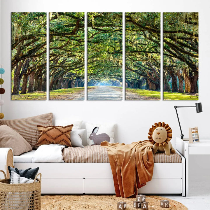 The "Wormsloe State Plantation Driveway Wall Art Canvas Print," crafted on museum-quality canvas with high-resolution printing, showcases a tree-lined path in a modern room.