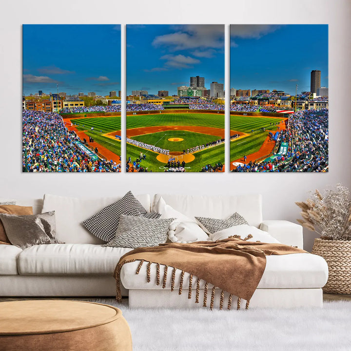 The Wrigley Field Chicago Cubs Panoramic 3-Piece Canvas Wall Art showcases an iconic print capturing the energy of a bustling baseball stadium, perfect for sports lovers.